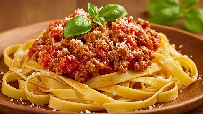 Fetuccini con Carne de vacuno y salsa Bolognesa